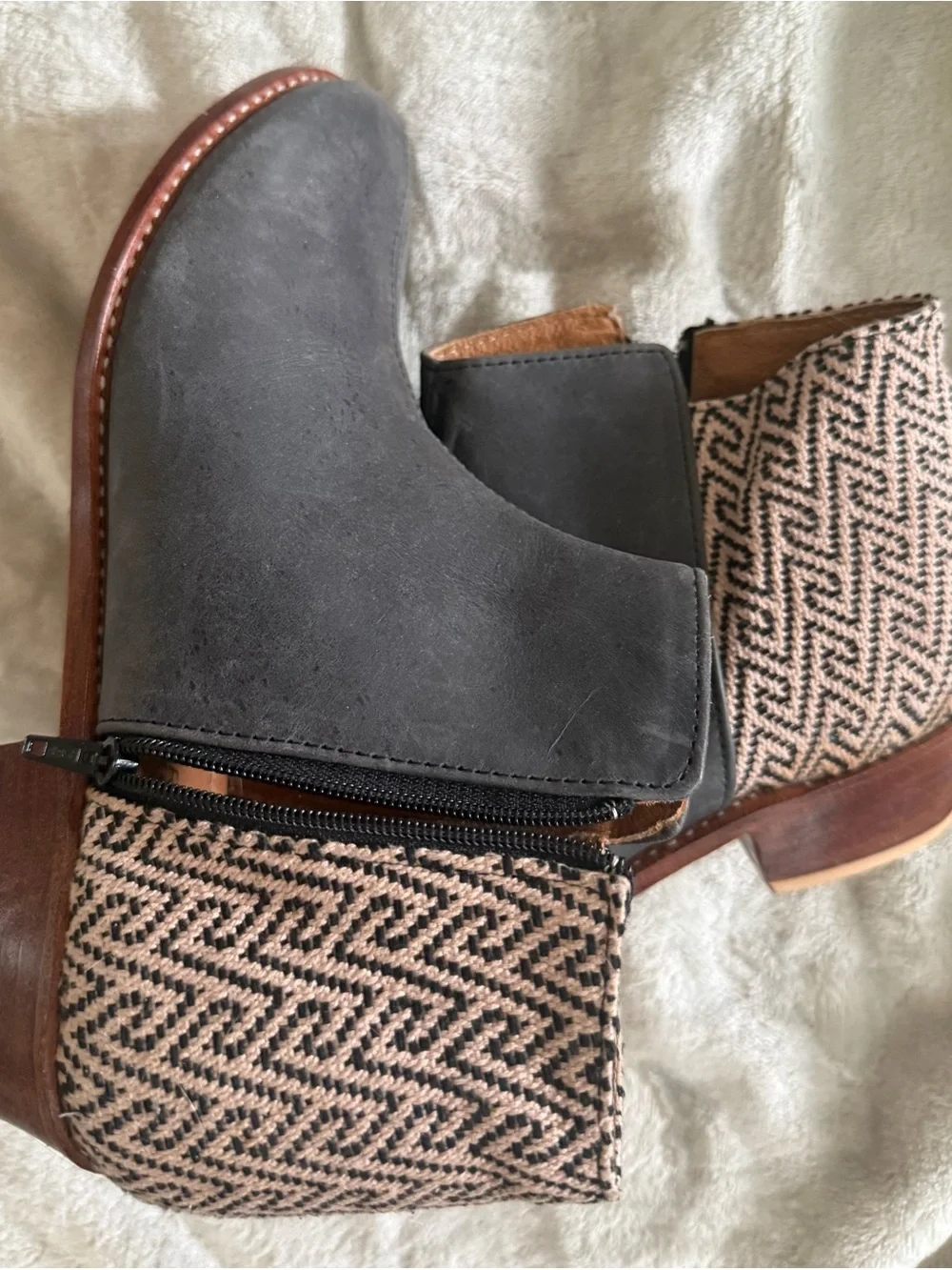 The Root Collective fair trade Women's Black and Tan Patterned Ankle Booties